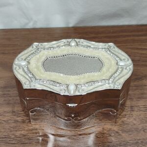 Vintage Silver Plated Jewelry Trinket Box with Rhinestones, Faux Pearls, Velvet